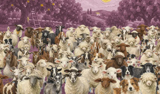 A painted flock of sheep, goats and dogs waiting in a violet meadow