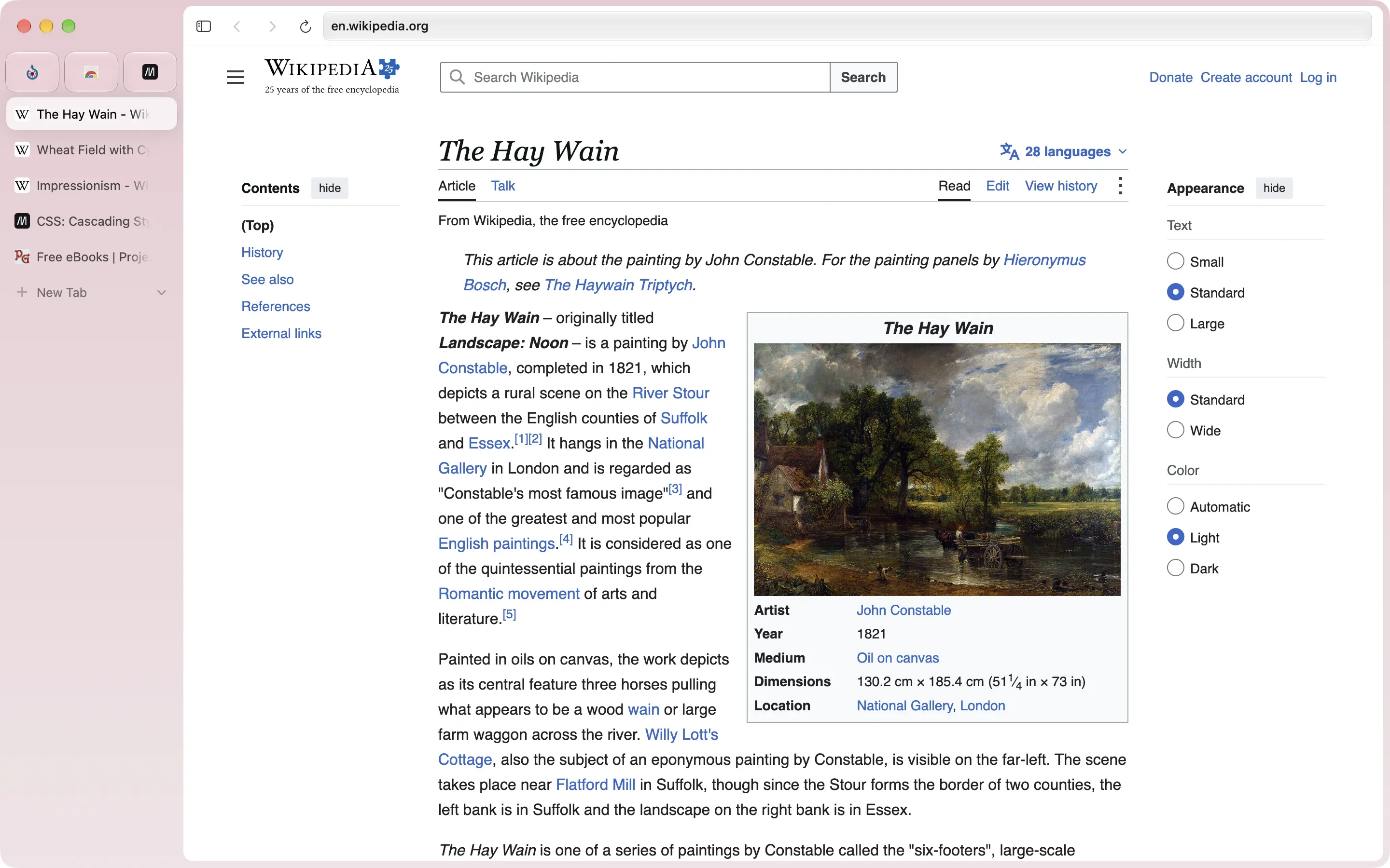 Ardia browser showing a tabs-first sidebar beside a Wikipedia article